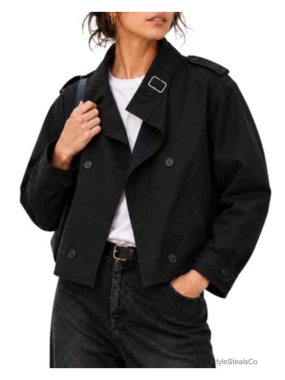 Women's Cropped Trench Jacket Cotton Blend Funnel Neck Pockets